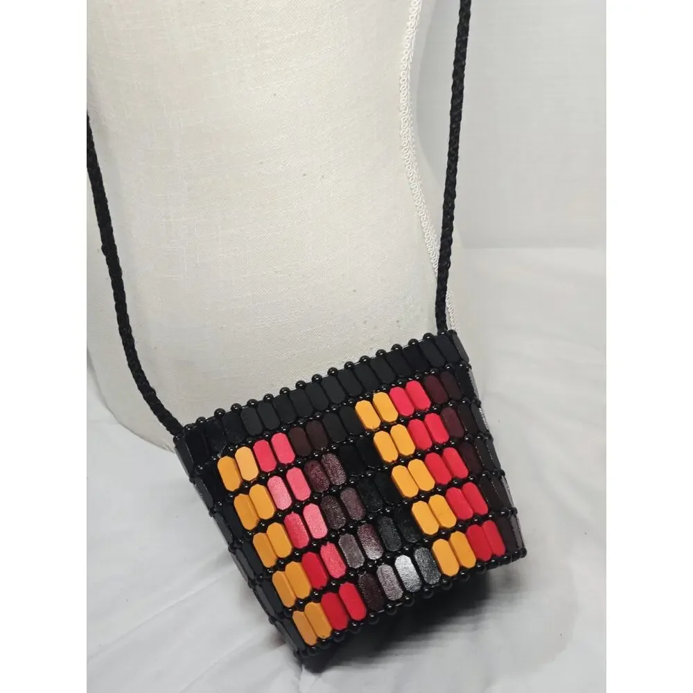 BOHO African Wooden Bead Black Bucket Shoulder Bag Indie Retro Coastal Rasta